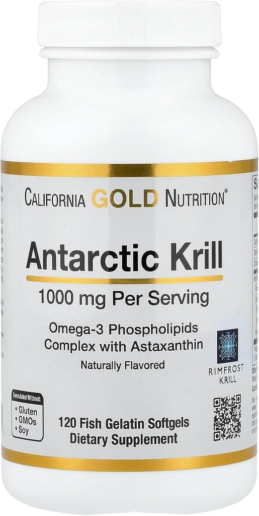 California Gold Nutrition Antarctic Krill Oil, Omega-3 Fosfolipide cu Astaxantină naturală, aromă naturală de căpșuni și lămâie, Non OMG, 1000 mg, 120 Gelatină de pește Softgels