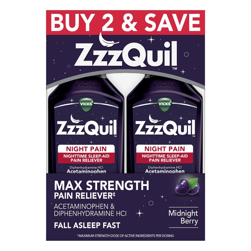 ZzzQuil Liquid, Max Putere Durere Reliever, Nighttime Sleep Aid Liquid, Acetaminofen 1000mg, Difenhidramină 50mg HCI, Non-Habit Forming, Midnight Berry Flavored, 2 Pack, 24 FL OZ