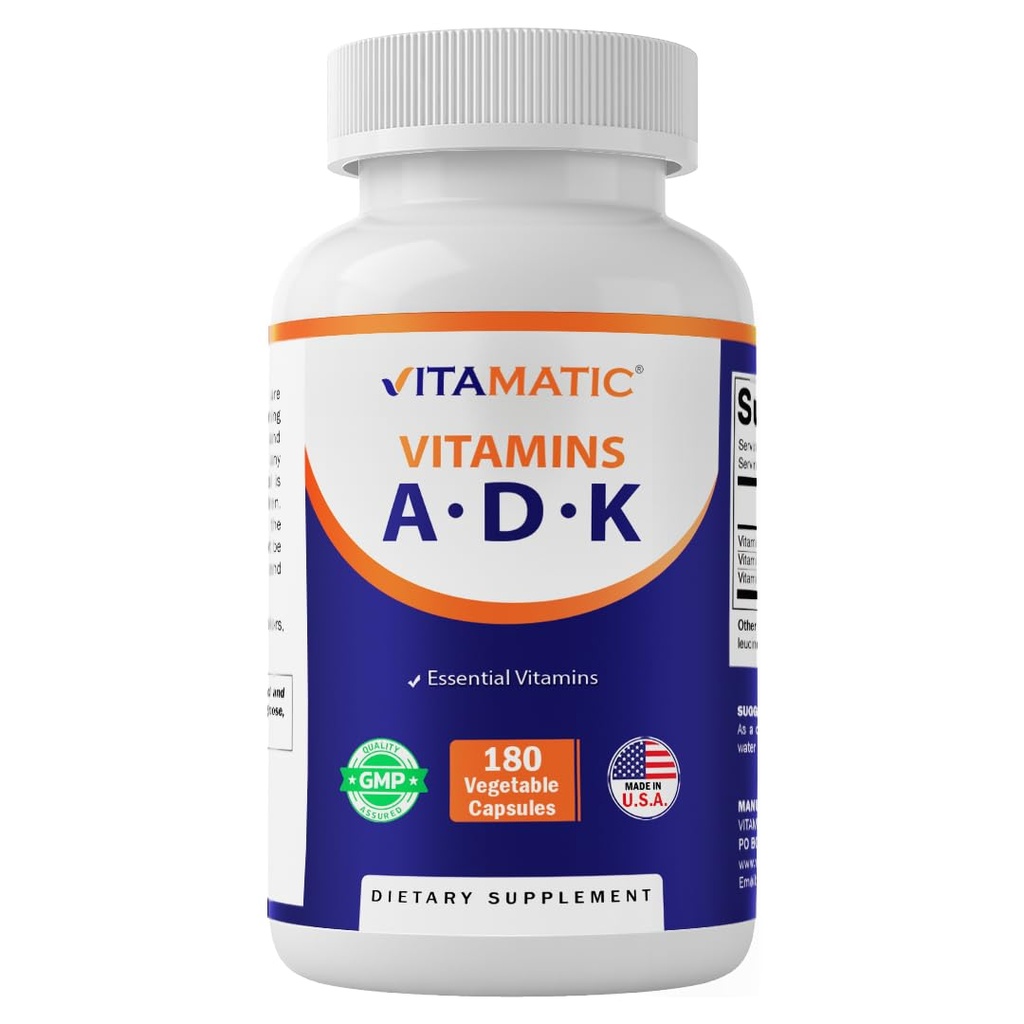 Vitamatic ADK Suplimentul de vitamine, capsule de 180 Veg, vitamine de mare potenta A, D3, K2 pentru sanatatea osoasa, Absorbtie de calciu, non-GMO, gluten gratuit