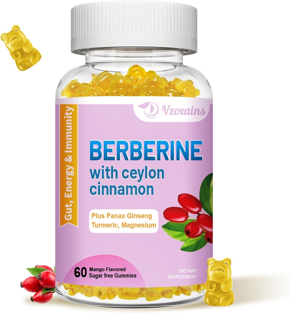 Berberine cu Ceylon Scorțișoară Gumries, Berberine supliment HCI de mare potențial, Immune Health Support, 60 Mango Gumies aromate