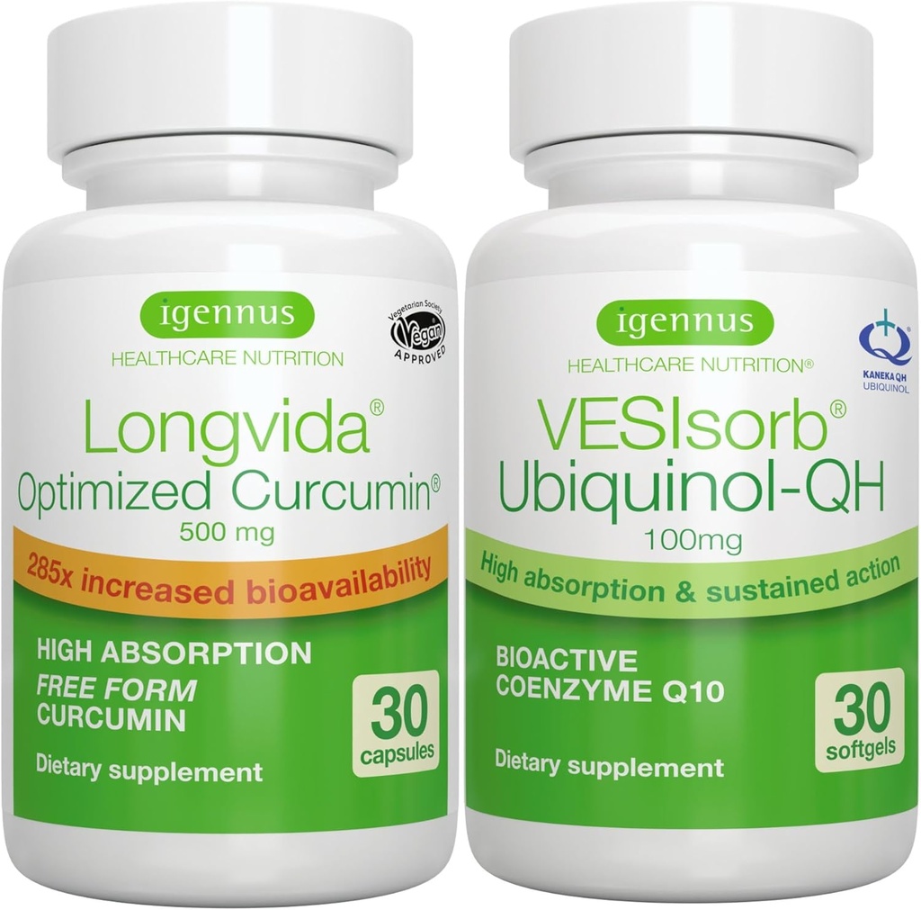 Longvida Curcumin 500mg + VESISorb Ubichinol-QH Advanced CoQ10 100mg Bundle, Ultra Biodisponibil Curcumin cu Biodisponibile și cu acţiune rapidă Ubichinol, de Igennus