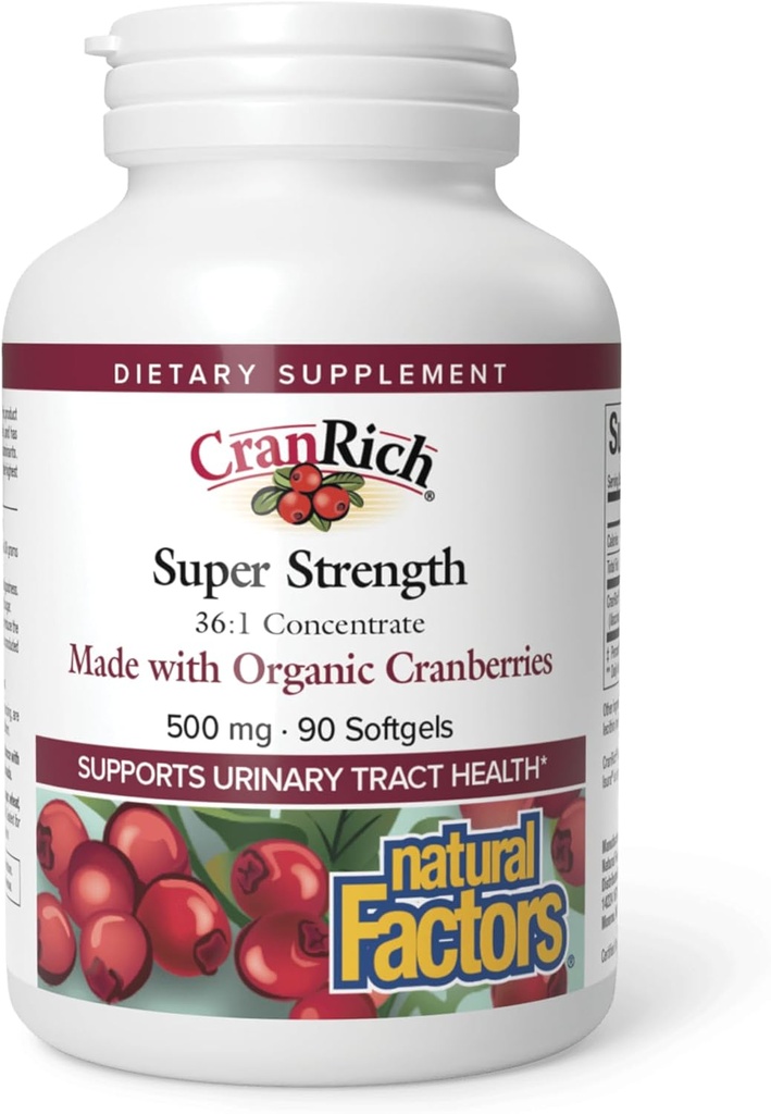 Factori naturali CranRich, Super Putere Cranberry concentrat, Antioxidant Supliment pentru Suport Tract urinar, Non-GMO, 90 softgels (90 Servings)