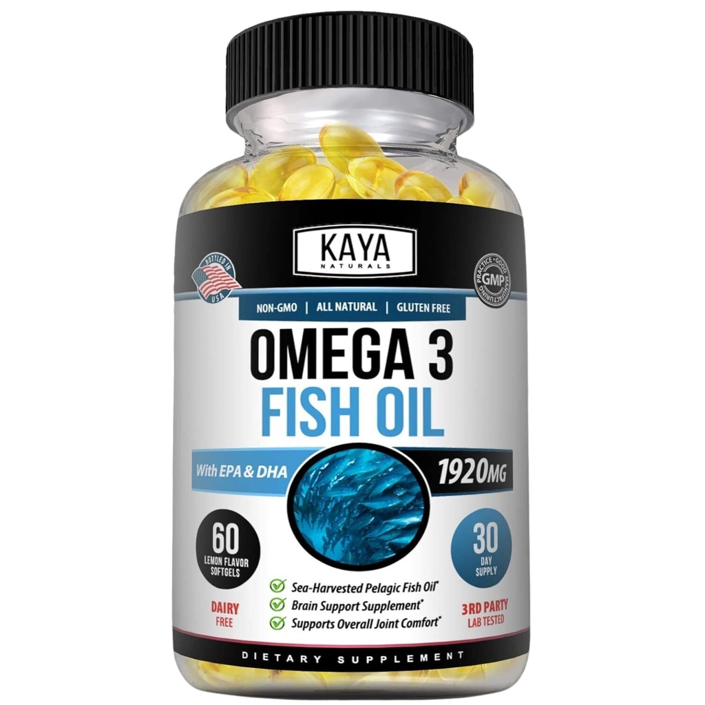 Kaya Naturals Omega 3 Supliment - Nature Made Omega 3 Ulei de pește - 100% ulei de pește pelagic pur de mare cu gust de pește fără pește - 60 Conte Softgels