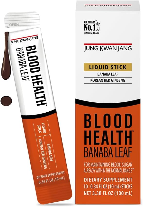 JungKwanJang Blood Health Banaba Leaf Extract (100mg), Carob Pods, Coreean Red Ginseng de fiecare data extract stick-uri pentru circulatie, post-masa, energie, 10 conte