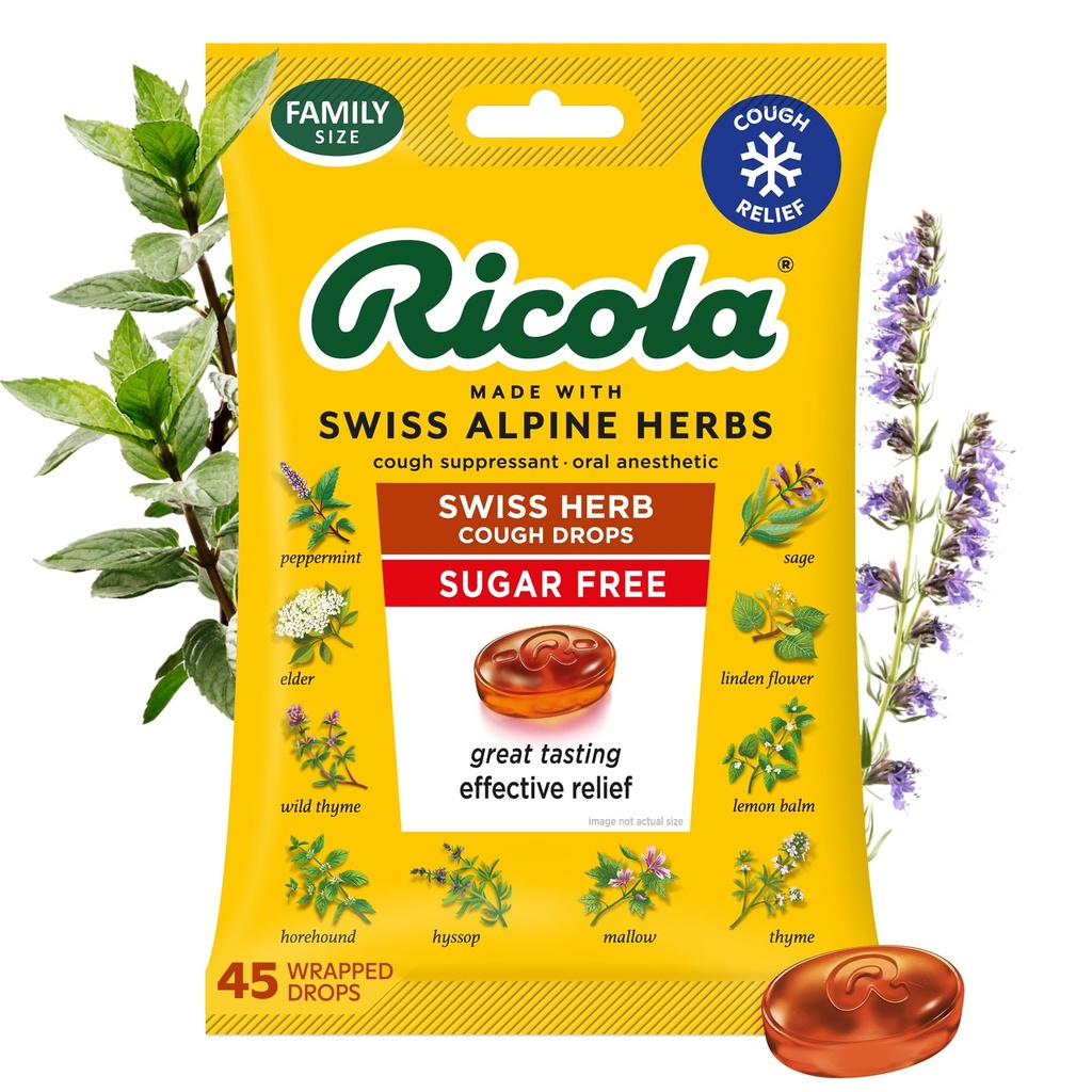 Ricola Sugar Free Swiss Herb Cough Drops, 45 Count, Cough Supressant & Throat Relieving Drops with natural Sourced Mentol, Pleasing Gust for Coughs & Throat Irritation Symptom Relief