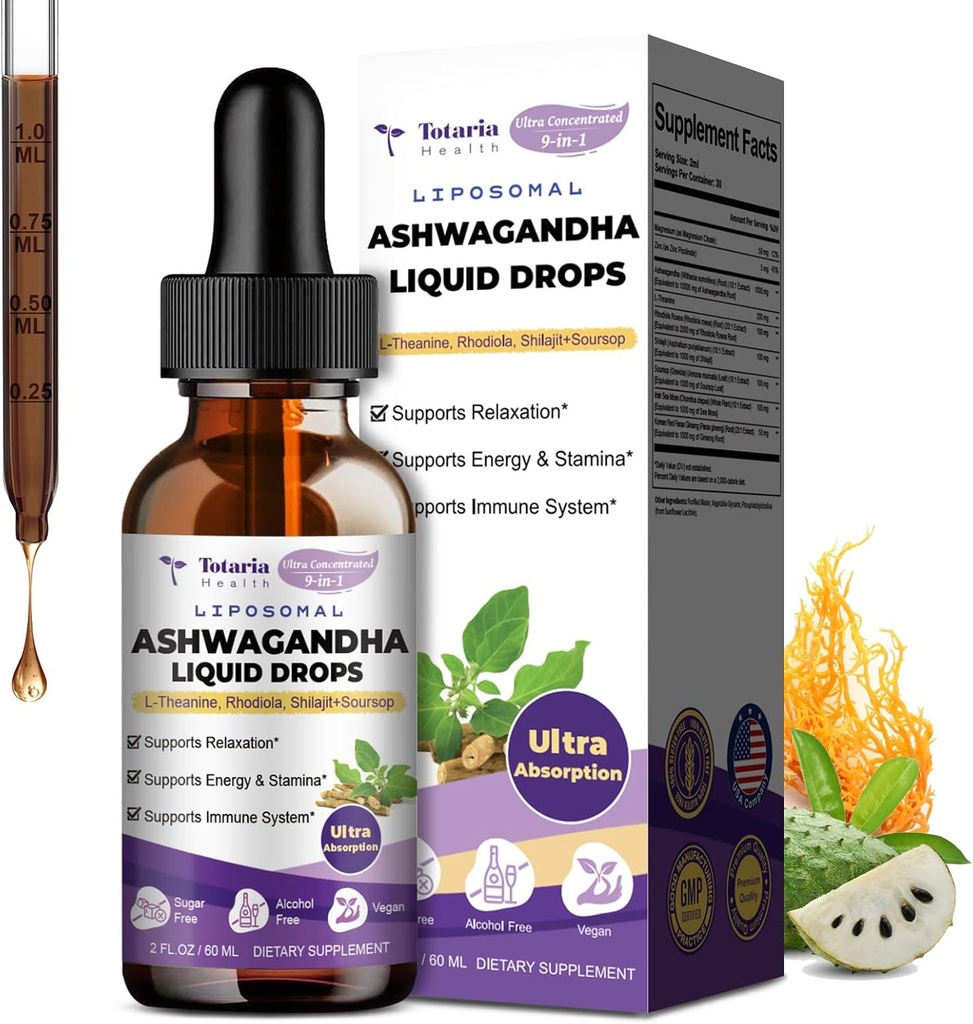Totaria Liposomal Ashwagandha Picături lichide, Ultra Putere extract de rădăcină Ashwa Supliment cu Shilajit, Ginseng, Magneziu, Soursop, L-Theanină, 60ml