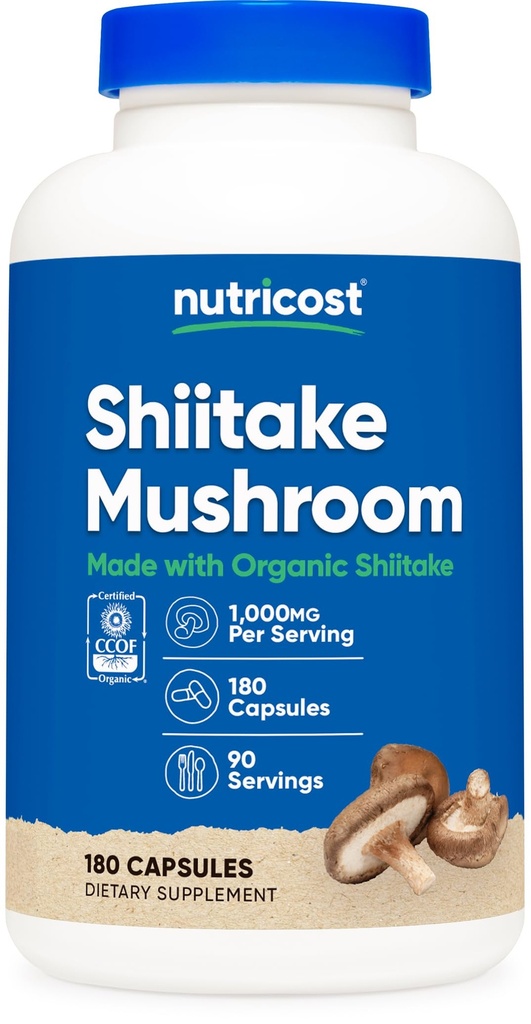 Nutricost Capsule organice Shiitake ciuperci 1000mg, 90 Serviri - CCOF Certified Made with Organic, Vegetarian, Gluten Free, 500mg Per Capsule, 180 capsule