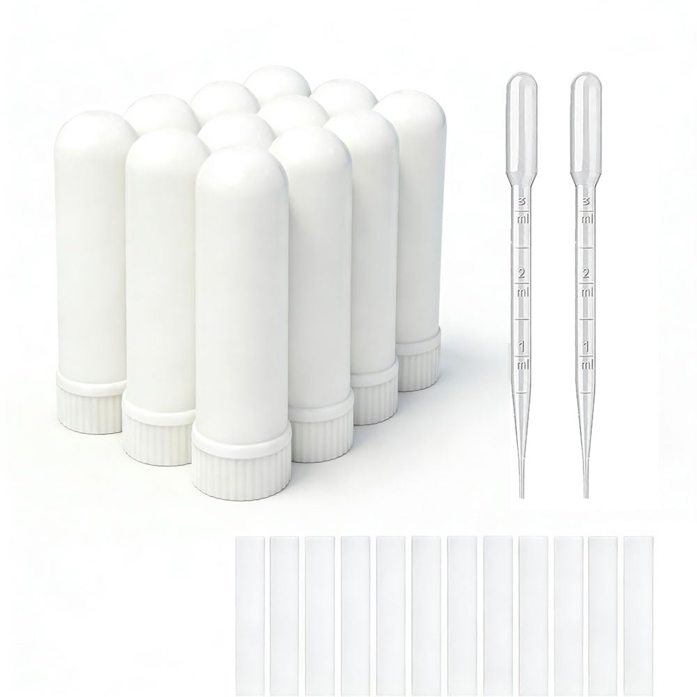 12 Seturi Aromaterapie Essentiala Tuburi Inhalator Stickuri Blank Inhalatoare Nasal (12 Stick-uri complete) + 2 Pipete de polietilenă