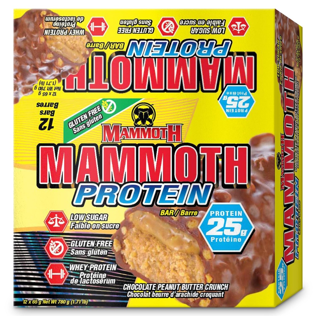 MAMOTH Proteine Bar, ciocolată Unt de arahide Crunch, 25g Proteine, Zahăr scăzut, Carb scăzut, Gluten gratuit, 12 x 65g (12 Conte) (Ciocolată Unt de arahide Crunch) (12 Conte, Ciocolată Unt de arahide Crunch)