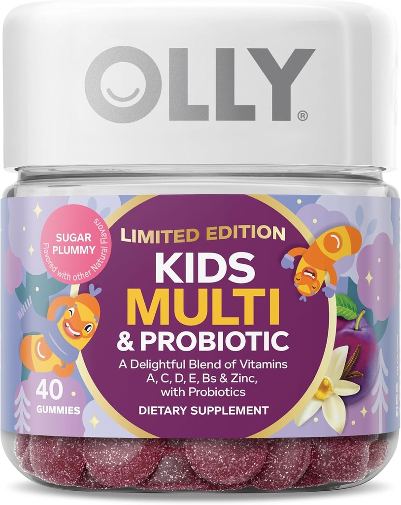 OLLY Kids Multivitamine & Probiotic, Limited Edition, Digestive Support, Vitamine A, D, C, E, B, Zinc, Chembable Supplement, Sugar Plummy - 40ct