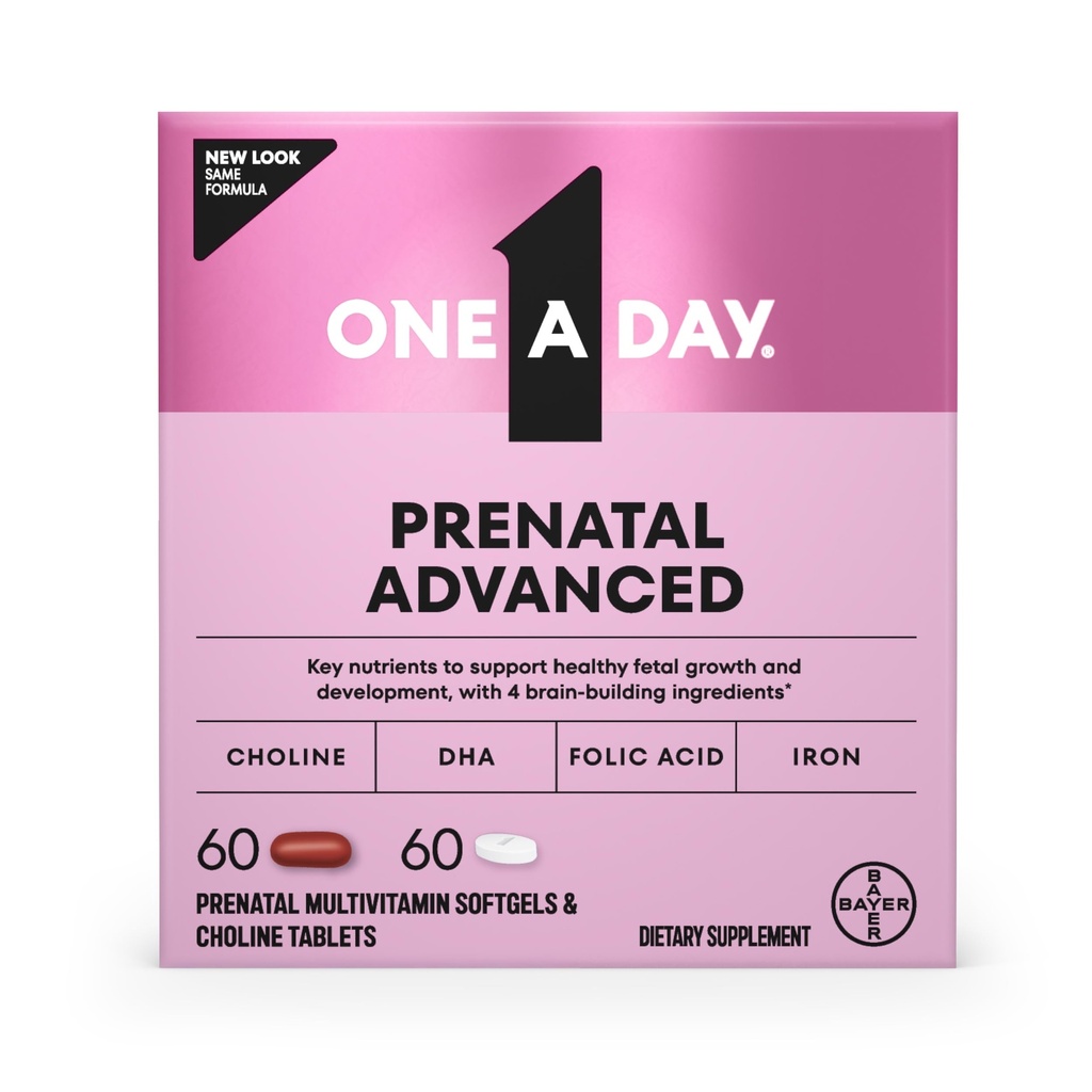 O zi A Prenatal Advanced- Vitamine prenatale cu acid folic, colină, DHA & Fier, Vitamine de sarcină pentru femei pentru a sprijini dezvoltarea copiilor, 60+60 Ct (120 Total Set) (Packing May Vary)