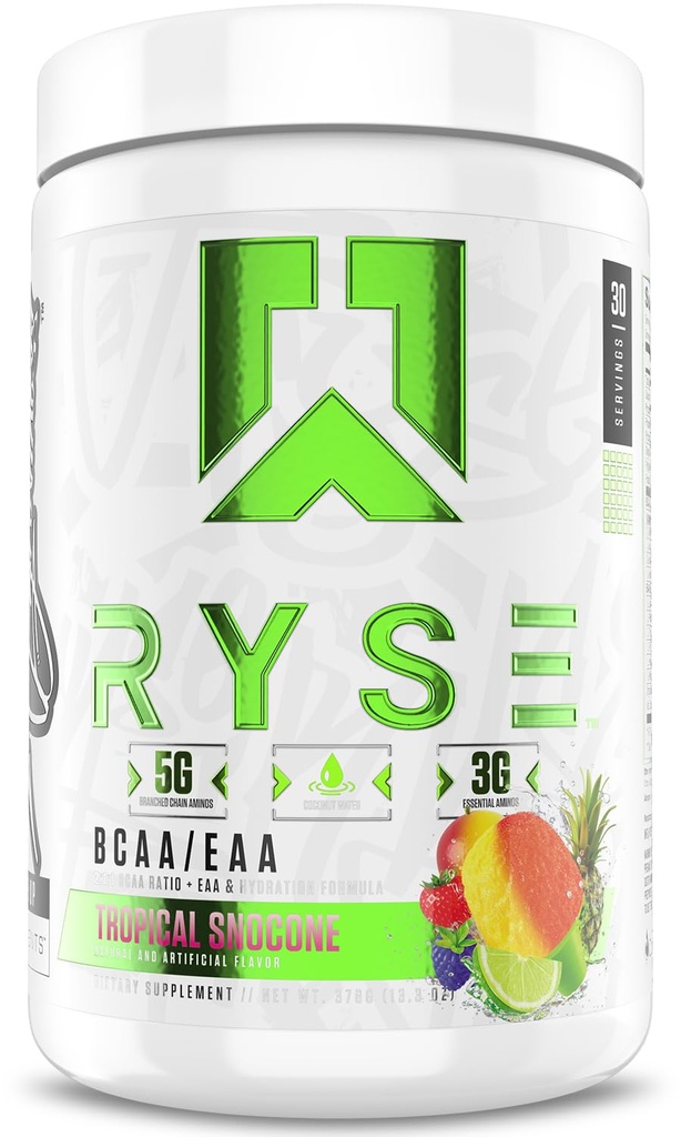 RYSE BCAA EAA Powder - Tropical Snocone - 5g lant ramificat Aminoacidi, 3g Amino-uri esentiale, Electroliti de zahar-liber pentru pre-post de recuperare musculare de antrenament, hidratare si forta - 30 Serviri