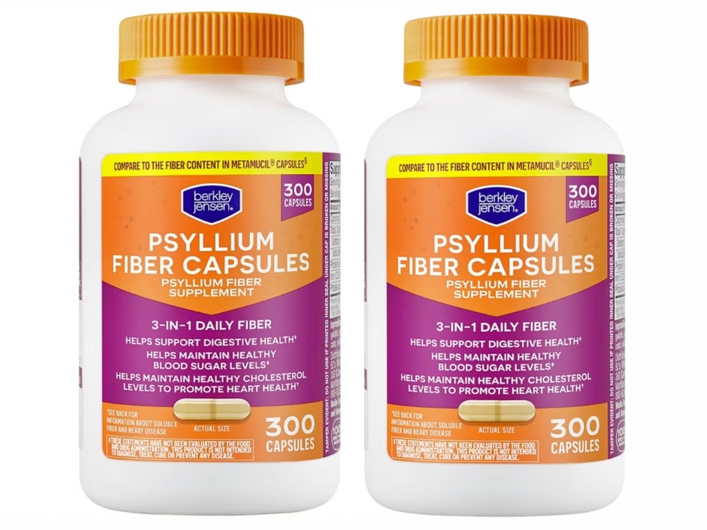 Berkley Jensen Daily Psyllium Husk Supliment (600 - Conte), Fibră naturală pentru bărbați și femei - Capsule de fibre pentru sănătate digestivă generală, Easing Constipație, Ajutând Absorbție Nutrient, Made in USA