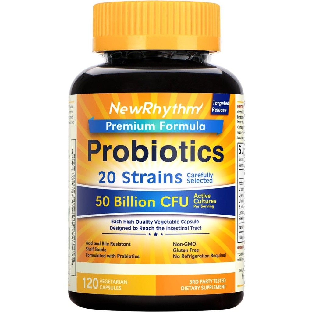 Probiotice NewRhythm 50 Miliarde CFU 20 Trandafiri, 120 Capsule Veggie, Tehnologie de eliberare vizate, Stomac acid rezistent, Nu este nevoie de frigider, Pachet de 1, Non-GMO, Gluten gratuit
