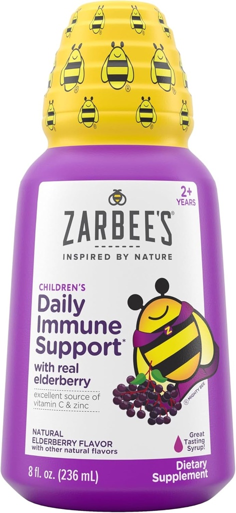 Zarbee Elderberry Syrup pentru copii, Daily Immune Support with Vitamina C & Zinc, Childrens Lichid Supliment, Natural Berry Flavor, 8 fl oz