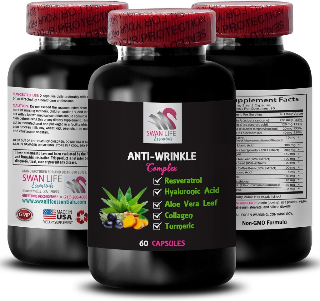 Alpha Lipoic Acid Support - ANTI-WRINKLE COMPLEX - Aloe Vera Leaf Benefits, Colagen Boost, Green Tea Leaf Extract, Grape Seed Seed Power, Green Bean Benefits, Hyaluronic Acid 1 Sticla 60 Caps
