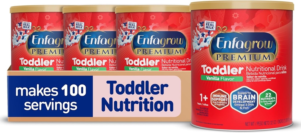 Enfagrow Premium Toddler Nutritional Drink, Vanilla Flavor, Omega-3 DHA pentru Brain Support, Prebiotice & Vitamine pentru Immune Health, Powder Can, 32 Oz, Pachet de 4