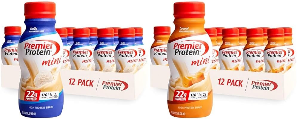 Premier Proteine Shake MINIs Vanilla & Caramel Arome, 22g Proteine, 120 Calorii, 1g Zahăr, 8.75fl oz, Pachete de 12