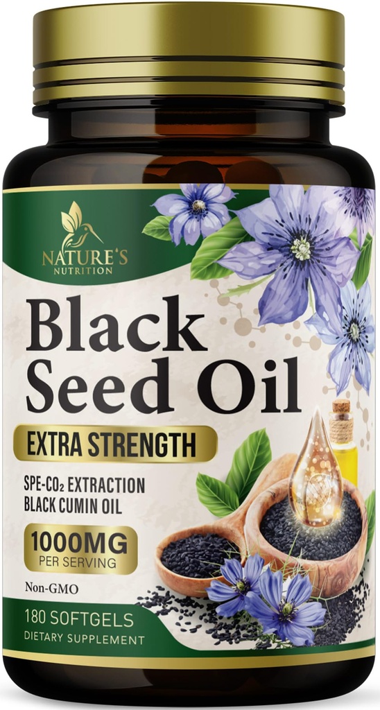 Black Seed Oil Softgels 1000mg - Premium Nigella Sativa Blackseed, Pure Natural Black Cumin Seed Oil & Antioxidant pentru Skin & Immune Support - Non OMG, îmbuteliat în SUA Supliment - 180 Softgels