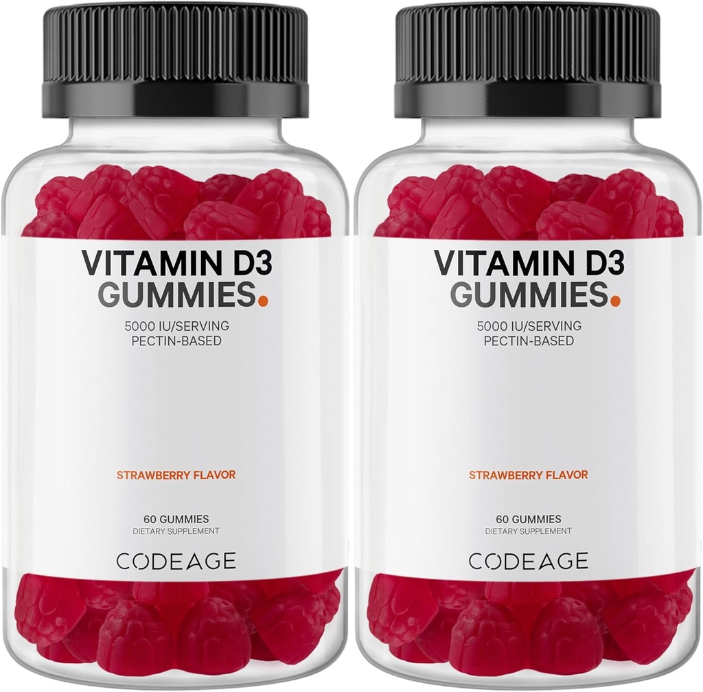 Codeage Vitamina D3 Gummy Vitamine, Vitamina D3 5000 UI Gummies Colecalciferol 125 mcg, Soft Pectin-Based, Animal Gelatină-Free Gummy, Gummies Vitamine, Capsuni gustoase, Non-GMO - 2-Pack