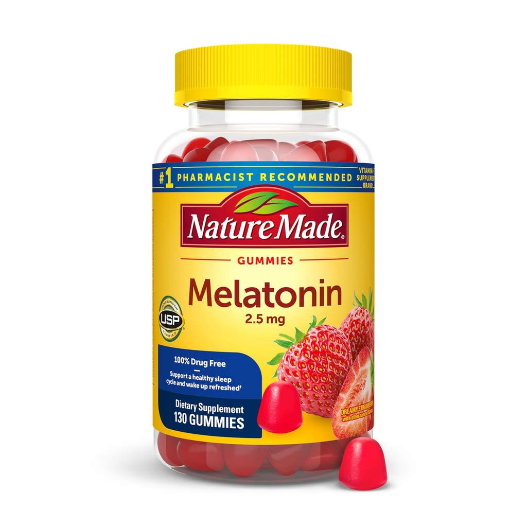 Nature Made Melatonin Gummies 2,5 mg, 100% Drog gratuit de dormit Ajutor pentru adulți, Melatonina Supliment 130 Conte, 130 zile de aprovizionare