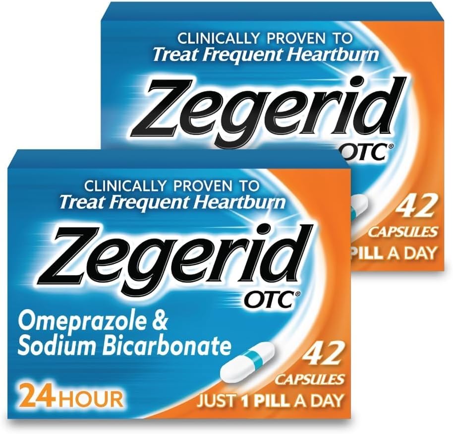 Zegerid OTC, Omeprazol Plus Bicarbonat de sodiu, 24 de ore, Inhibitori ai pompei de Proton (PPI), Medicină pentru arsuri la stomac, Reductor de acid, Două 42ct Cutie