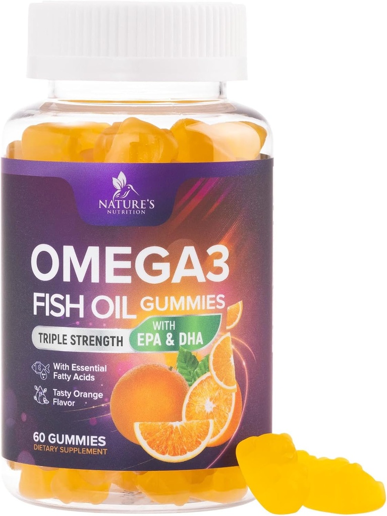Omega 3 Gume de ulei de pește - inima de sprijin pentru sănătate Omega 3 Gummy Supliment pentru adulți și copii cu înaltă absorbție DHA & EPA, comun & Brain suport, Delicious Orange Aromă de ulei de pește vitamine, 60 gume