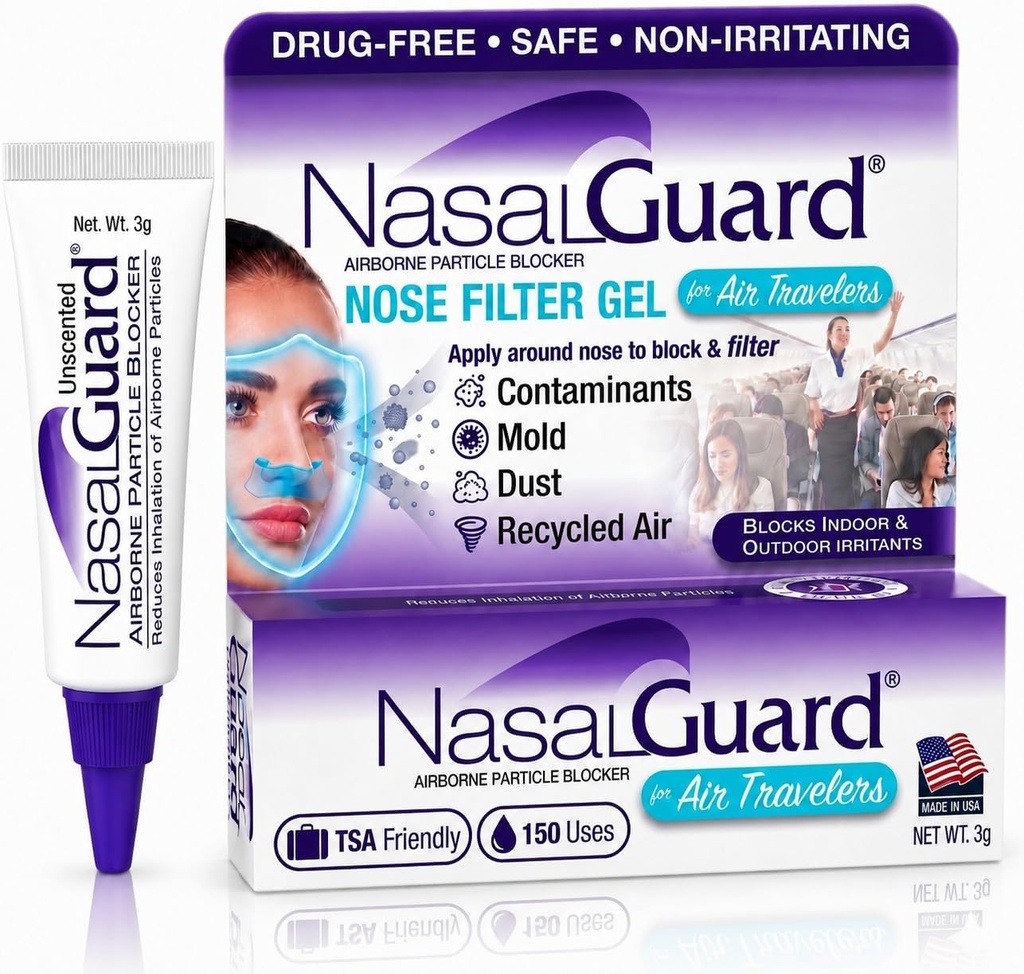 Airborne Particule Blocker Nasal Gel pentru Travelers - Drog-free, non-iritant, non-drowsy, Airplane Travel Aprobat (Nescented) - peste 150 de aplicații per tub (0,1 oz, Pachet de 1)