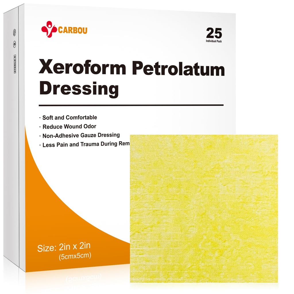 Carbou Medical Xeroform Petrolatum Dressing 2"x2, 25 Pack individual, Pad-uri de gauze non-aderente, Soft Fine Mesh Tije Patch pentru îngrijirea rănilor, Burns, Lacerații, Grafe de piele și incizii chirurgicale