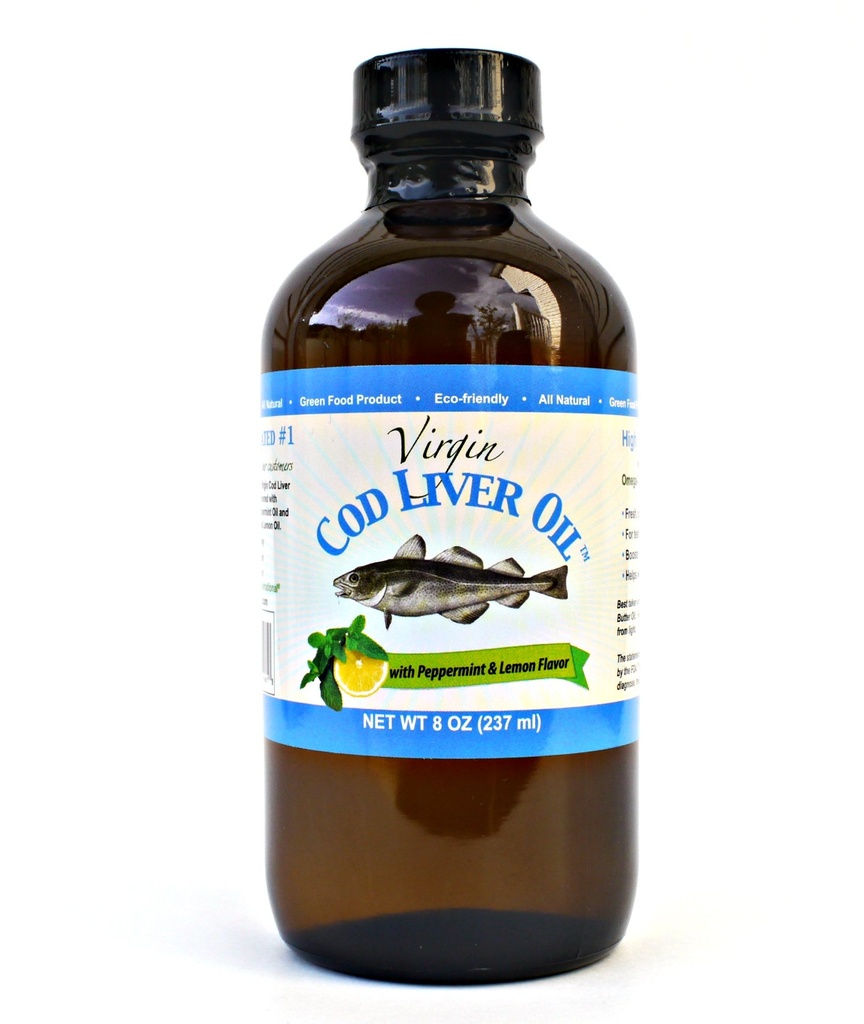Virgin Cod Ulei de ficat - 8 Fl oz Natural, Sustainabled, Wild Caught & Fresh Tasting. High in Vitamina D, Omega 3 DHA/EPA (Lemon și mentă aromatizată)