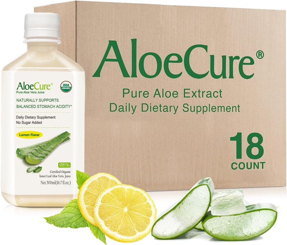 AloeCure USDA Organic Aloe Vera Juice Lemon Aroma - Produs în termen de 12 ore de la recoltare - naturale Digestive Supliment pentru echilibru aciditatea stomacului - Suport Digestive și Immune Health, 18 Btls x 16.7oz