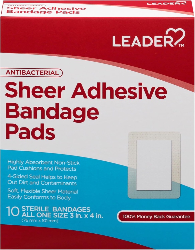 LEADER Sheer Pad-uri adezive Bandage, Pachete de Blends cu piele, Pad non-sticle foarte absorbante, pentru prim ajutor și de protecție a rănilor, Comparați cu Band-Aid, Toate o dimensiune 3/4" x 4," 100 ct.