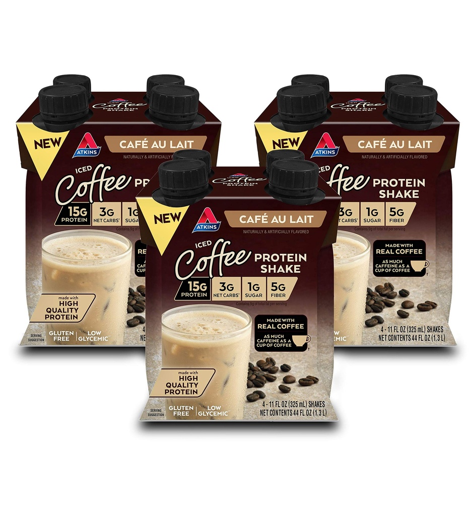 Atkins Café au Lait Iced Coffee Flavored Proteine Shake, Shake de proteine ridicate, zahăr scăzut, carbohidrat scăzut și zahăr scăzut, Keto Friendly, Gluten Free, 12 Conte