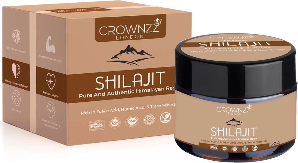 Pure Shilajit - Gradul de aur organic Himalayan Shilajit Resin pentru bărbați și femei - Shilaj ridicat bogat în fulvin, acid humic & 85+ Minerals-Lab testat și certificat 30G Shilaj susține rezistența