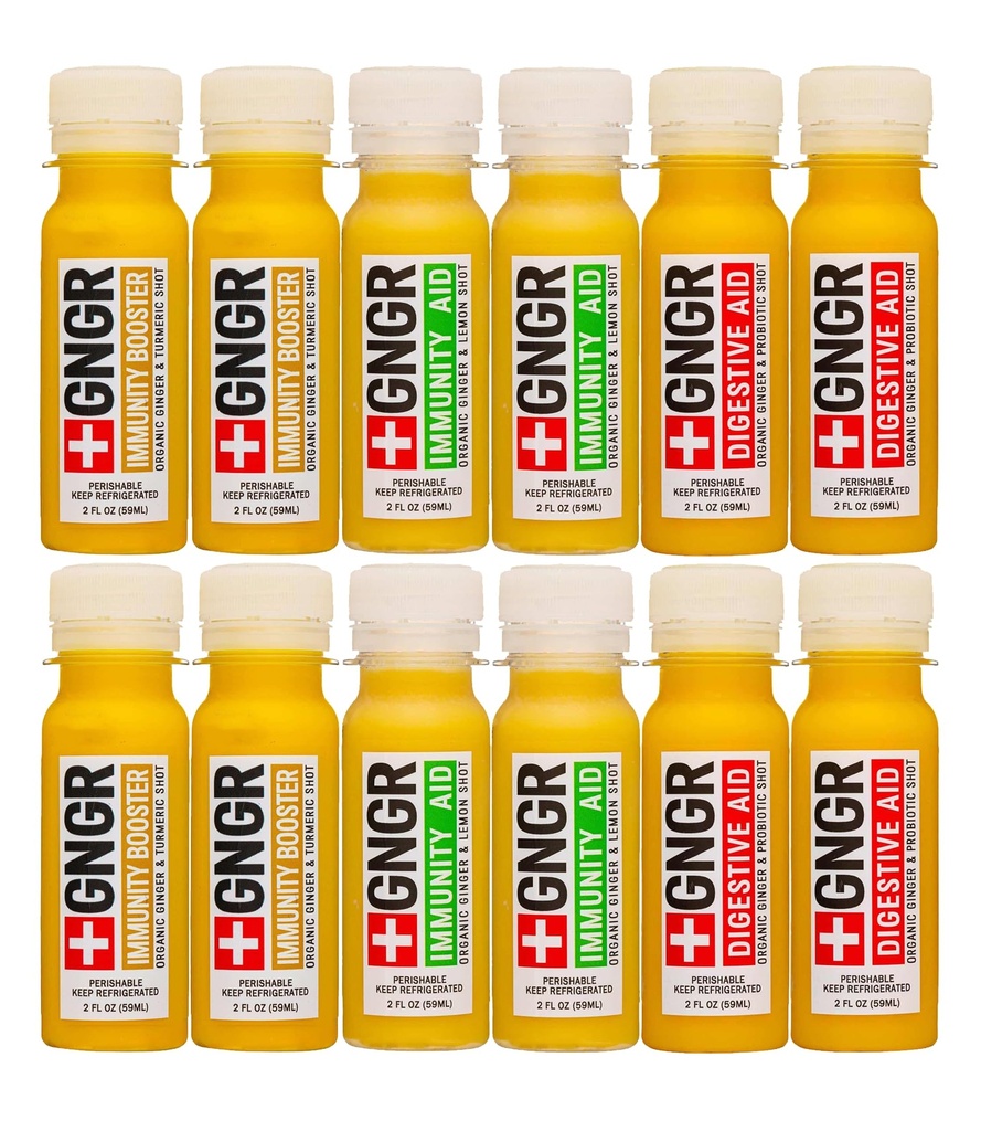 +GNGR Imunity Sampler Organic Ginger Wellness Shots - Premium Ginger Shots pentru tot sprijinul natural digestiv și suport imunitar, Digestive Aid, Gut Cleanse și Detox 2 fl oz (Pachet de 12)