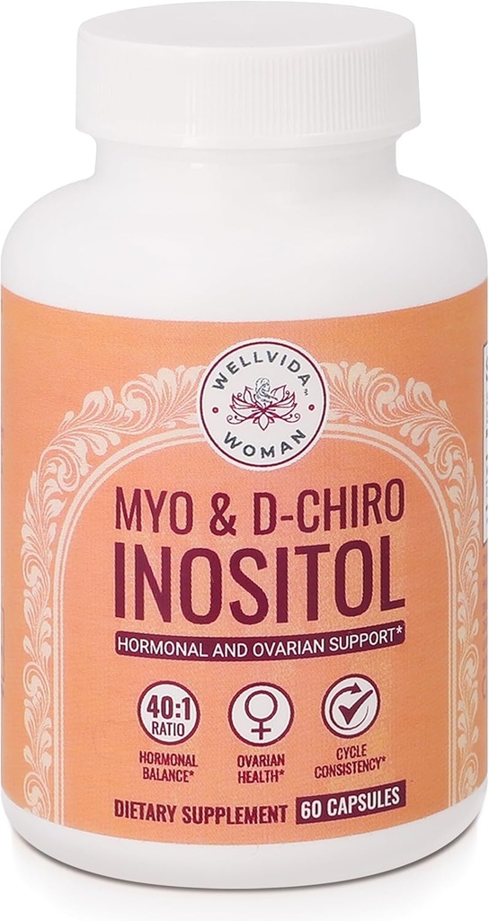 Myo- Inositol & D- Chiro Inositol Supliment Flacon (60 capsule) 40:1 Raport Capsule pentru Suport ovarian Myo- Inositol 1000mg & D- Chiro 25mg Inositol Capsule w/ Caronozitol - Daily Inositol pentru femei