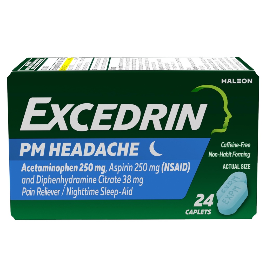 Excedrină PM pentru Relief de cefalee, Acetaminofen 250mg, Aspirină 250mg, Difenhidramină Citrat 38mg, Durere Reliever, Somn-Aid pe timp de noapte, 24 Conte