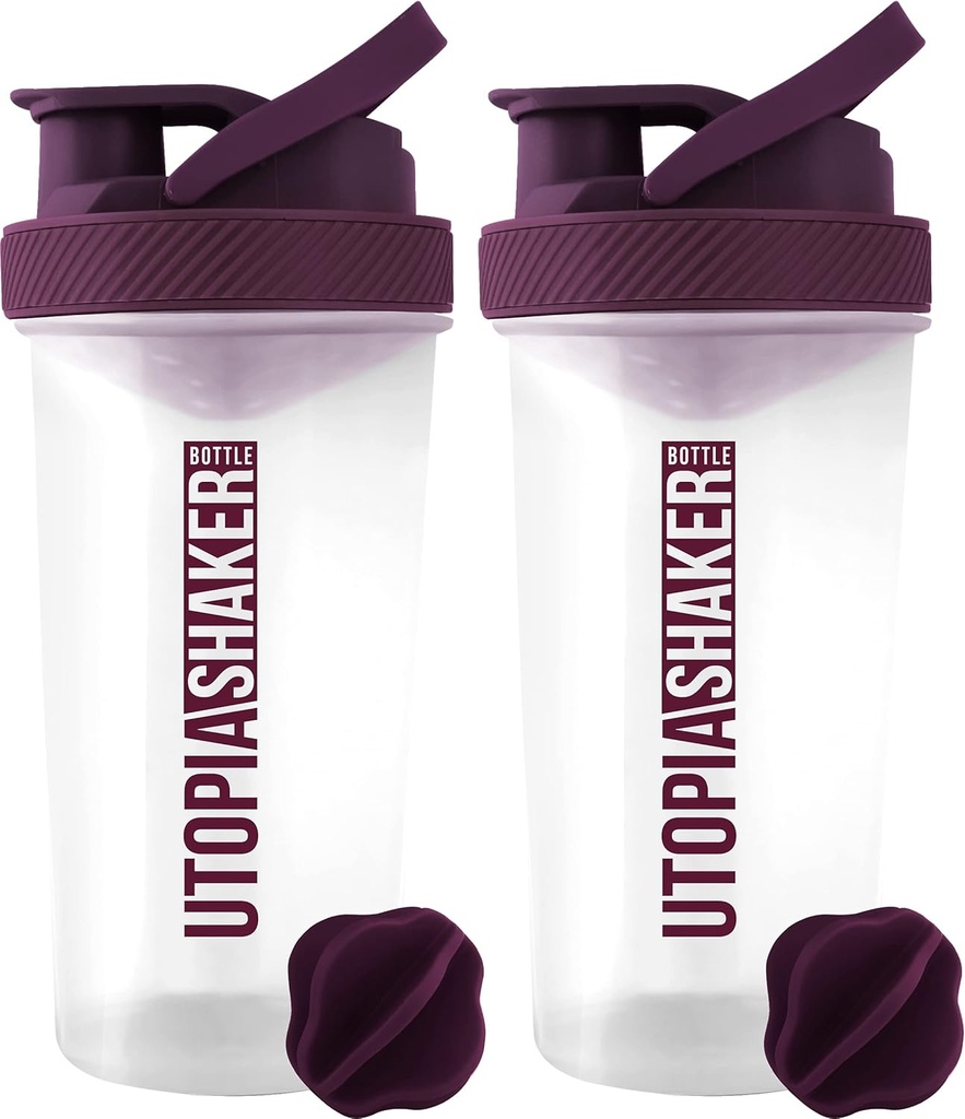Utopia Home Proteina Shaker Sticla - (Pachet de 2) 28-Ounce sticle Shaker pentru amestecuri de proteine - Fitness Sports Classic Proteina Mixer Shaker Sticla (Clear/Plum)