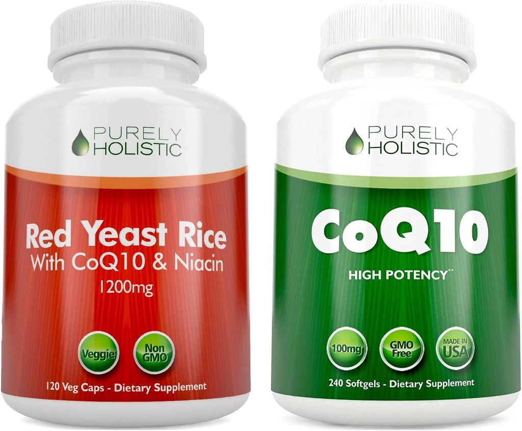 Pur Holistic Red Yeast Rice 1200mg & Niacin + CoQ10 100mg - 120 capsule & 240 Softgels Bundle - Made in USA