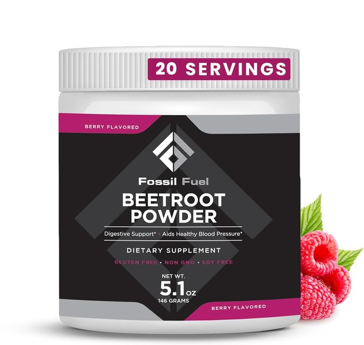 Fossil Fuel Organic Beet Root Powder, Supports Nitric oxid, Circulație, Energie, Heart Health - Beetroot Premium Superfood Beets Powder Dietary Nitrates, Non-GMO, Vegan-Friendly, Berry (20 Servings)