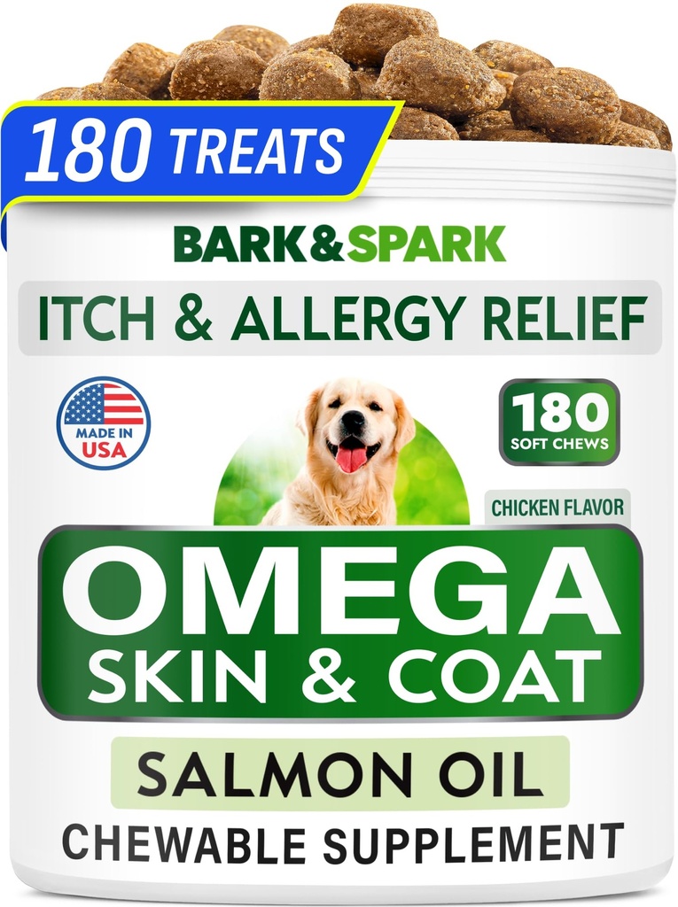BARK&SPARK Omega 3 pentru câini - 180 de tratamente cu ulei de pește pentru vărsarea câinilor, alergii cutanate Chews, Mâncărime, Tratament pete fierbinți - Sănătate comună - Skin and Coat Supplement - EPA & DHA Acid gras - Ulei de somon