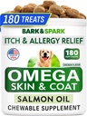 BARK&SPARK Omega 3 pentru câini - 180 de tratamente cu ulei de pește pentru vărsarea câinilor, alergii cutanate Chews, Mâncărime, Tratament pete fierbinți - Sănătate comună - Skin and Coat Supplement - EPA & DHA Acid gras - Ulei de somon