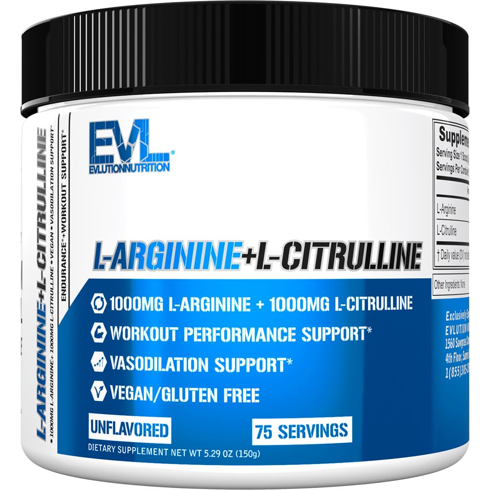 Evlution Nutrition L-Arginină + L-Citrullină - Rezistență + Supliment de performanță antrenament - 2000mg Complex - Vasodilatație + Suport oxid de azot - Vegan + pulbere fără gluten - 75 Serviri