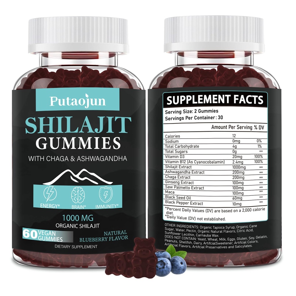 Shilajit pentru Man,Woman & Kid.Himalayan Gold Shilajit Gummies.1000mg Shilajit,200mg Ashwagandha,200mg Chaga,100mg Ginseng,100mg Saw Palmatto,60mg Black Seed Oil