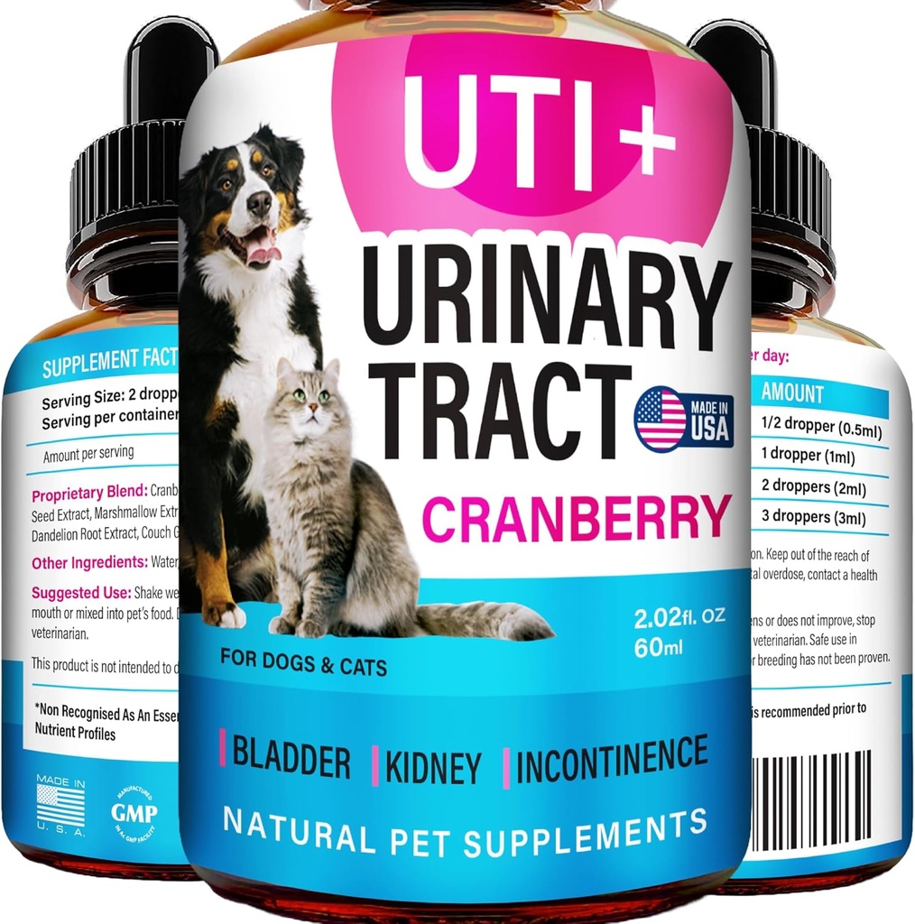Cat & Dog UTI Tratamentul - UTI Medicina si tractul urinar Tratamentul infectiei pentru animale de companie - Suport renal - Controlul vezicii urinare pentru câini Incontinenta - Cat UTI Remedy - Suplimentul Cranberry - SUA Made - 2fl.oz