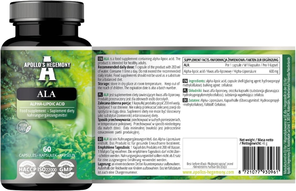 HEGEMONY ALA (acid lipoic Alpha) 600 mg - 60 capsule Vegane - Optimizează managementul glucozei - sprijină sănătatea mitocondrială - două luni de aprovizionare