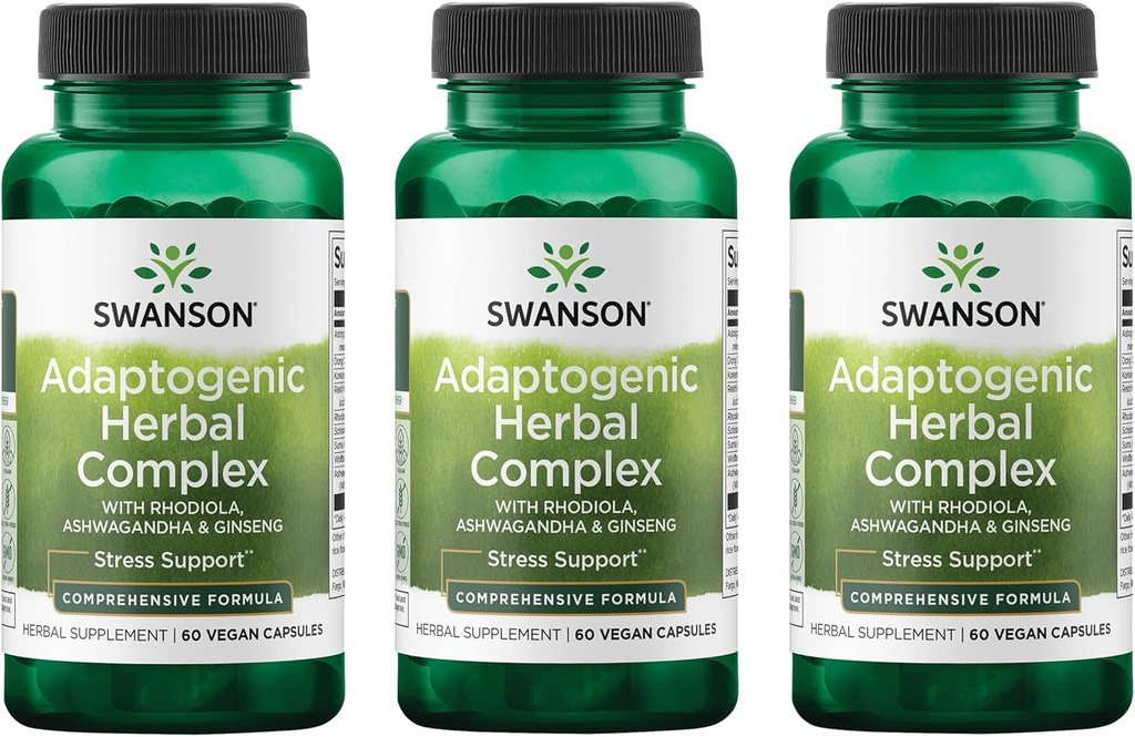 Swanson Rhodiola Ashwagandha Ginseng Complexe Mood Energy Imunity Function Nervosis System Stress Supplement Adaptogen Herb 60 Capsule (3 Pack)