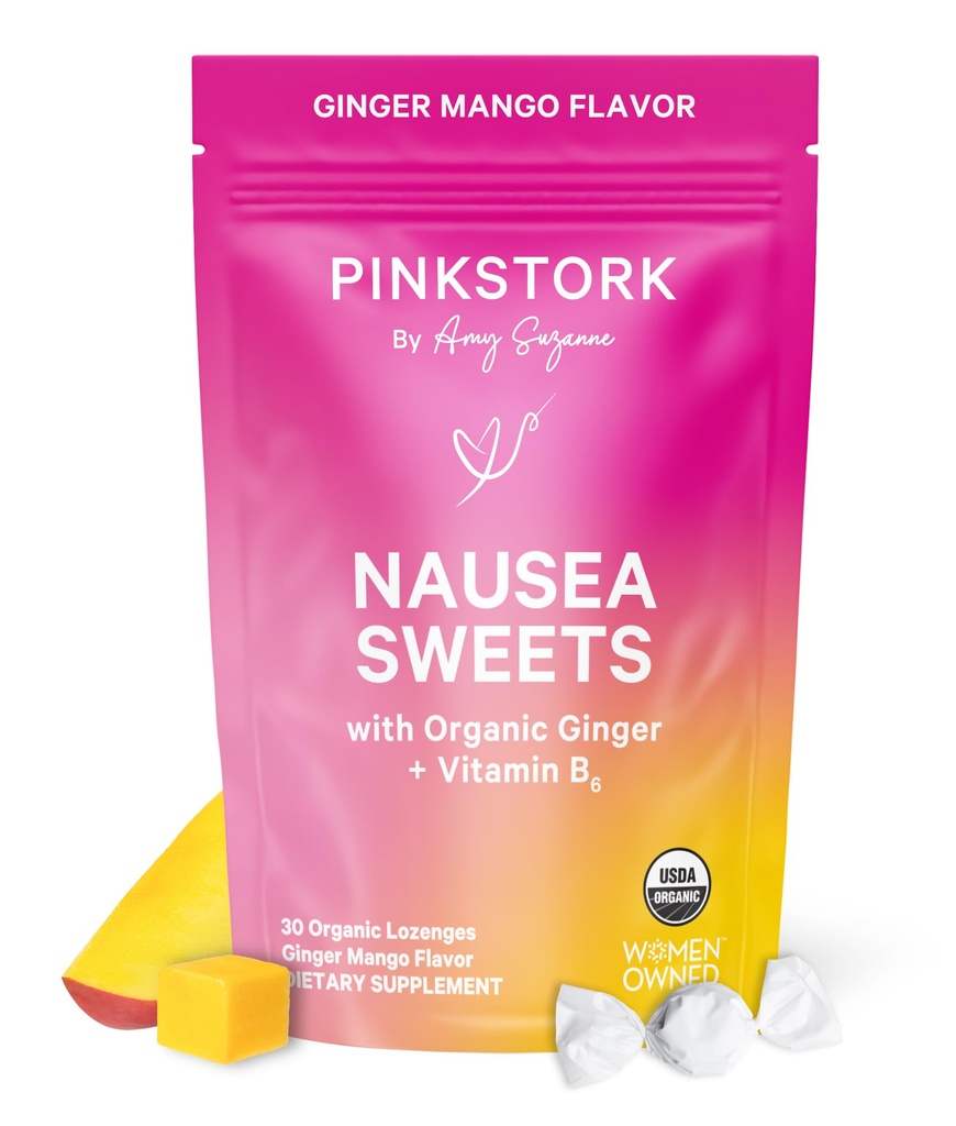 Pink Stork Organic Mango Dulciuri cu vitamina B6 pentru boli de dimineață și mișcare, adăugat Ginger & Vitamina B6, prima sarcina Trimester trebuie să aibă - 30 bomboane învelite