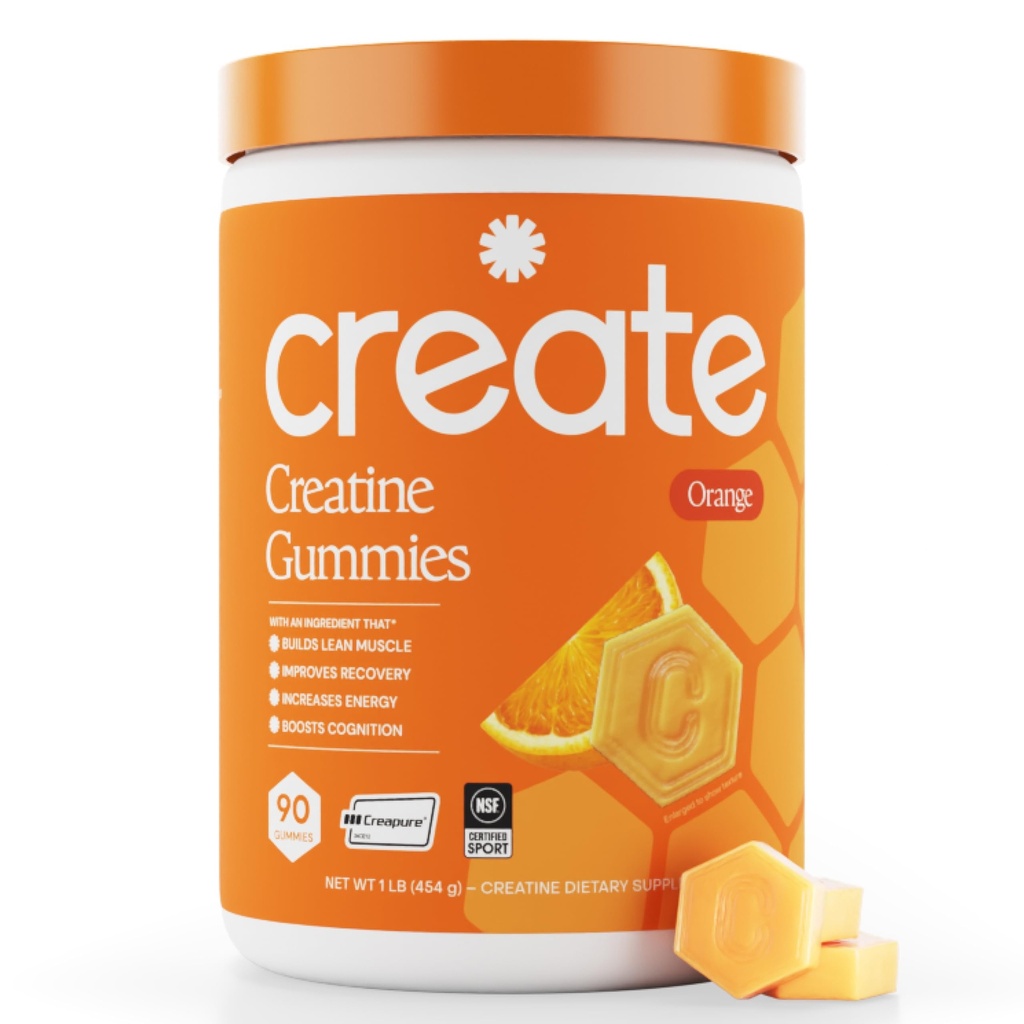 Create Creatine Monohidrat Gummies for Men & Women, Boost Focus, Putere, and Endurance, Anti-Melting Formula, Vegan, Gluten-Free, Non-GMO, 1.5g of Creatin per Gummy (Orange, 90 ct)