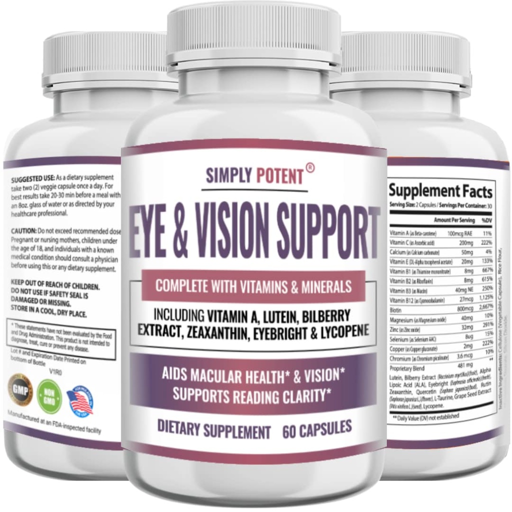 Lutein & Zeaxanthin Eye Health Supplements for Adulți, Natural Eye & Vision Formula w/Vitamina A, Lutein, Zeaxantină, Extract de bilberry, Eyebright & Licopen pentru Retina & Lens 60 Caps